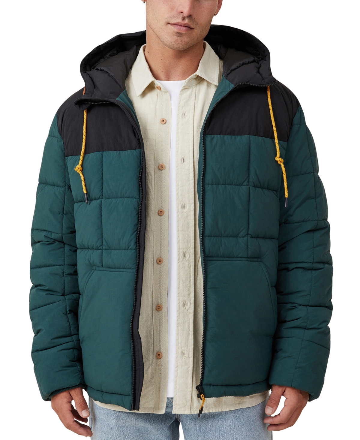Cotton On Men's Mother Puffer Hooded Jacket In Deep Teal Panel