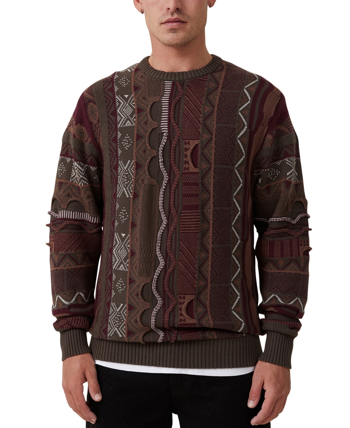 Cotton On Men's Garage Knit Sweater In Khaki Plum Pattern