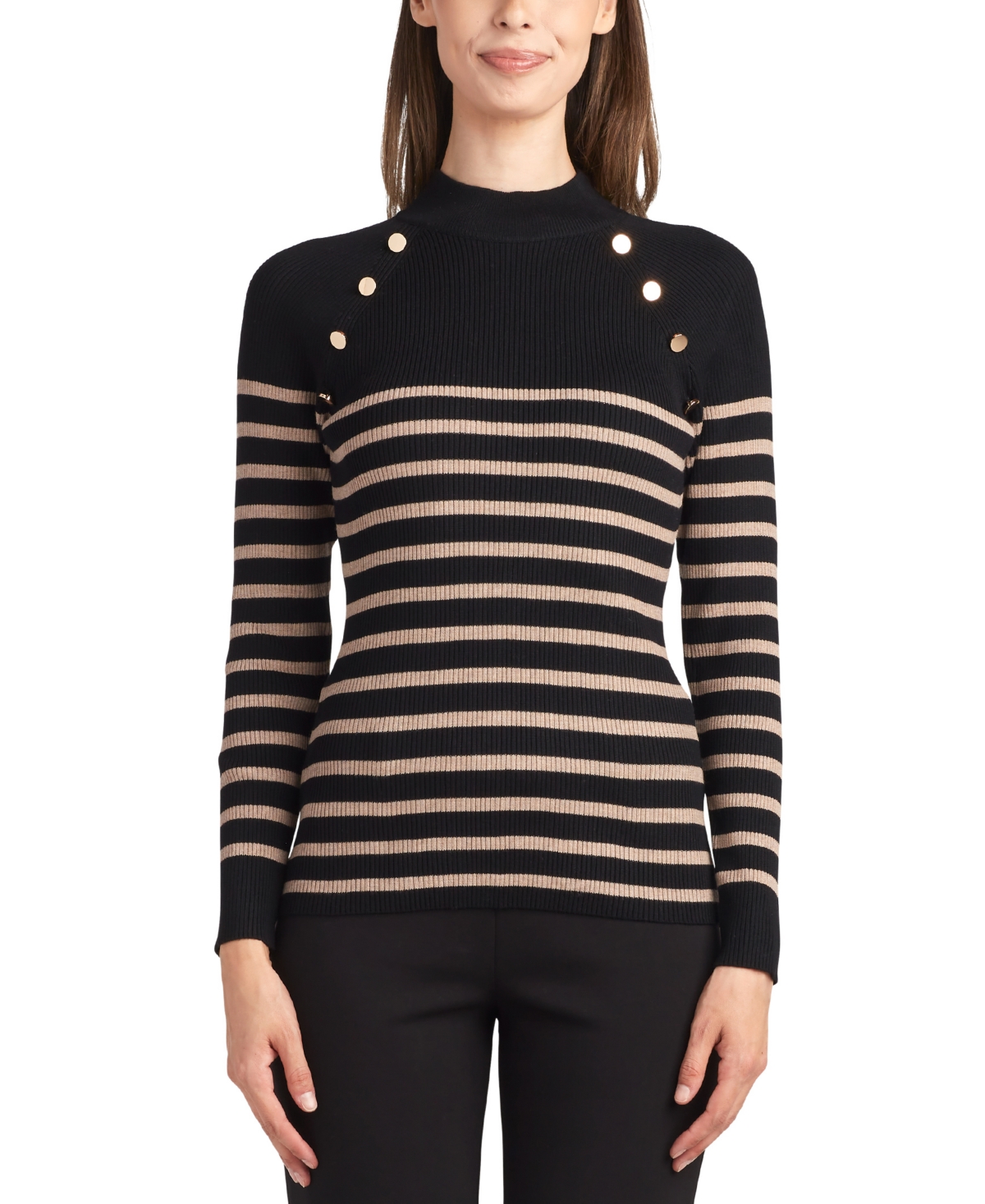 Juniors' Mock Neck Raglan-Sleeve Striped Ribbed Sweater - Color  (Blk/taupe)