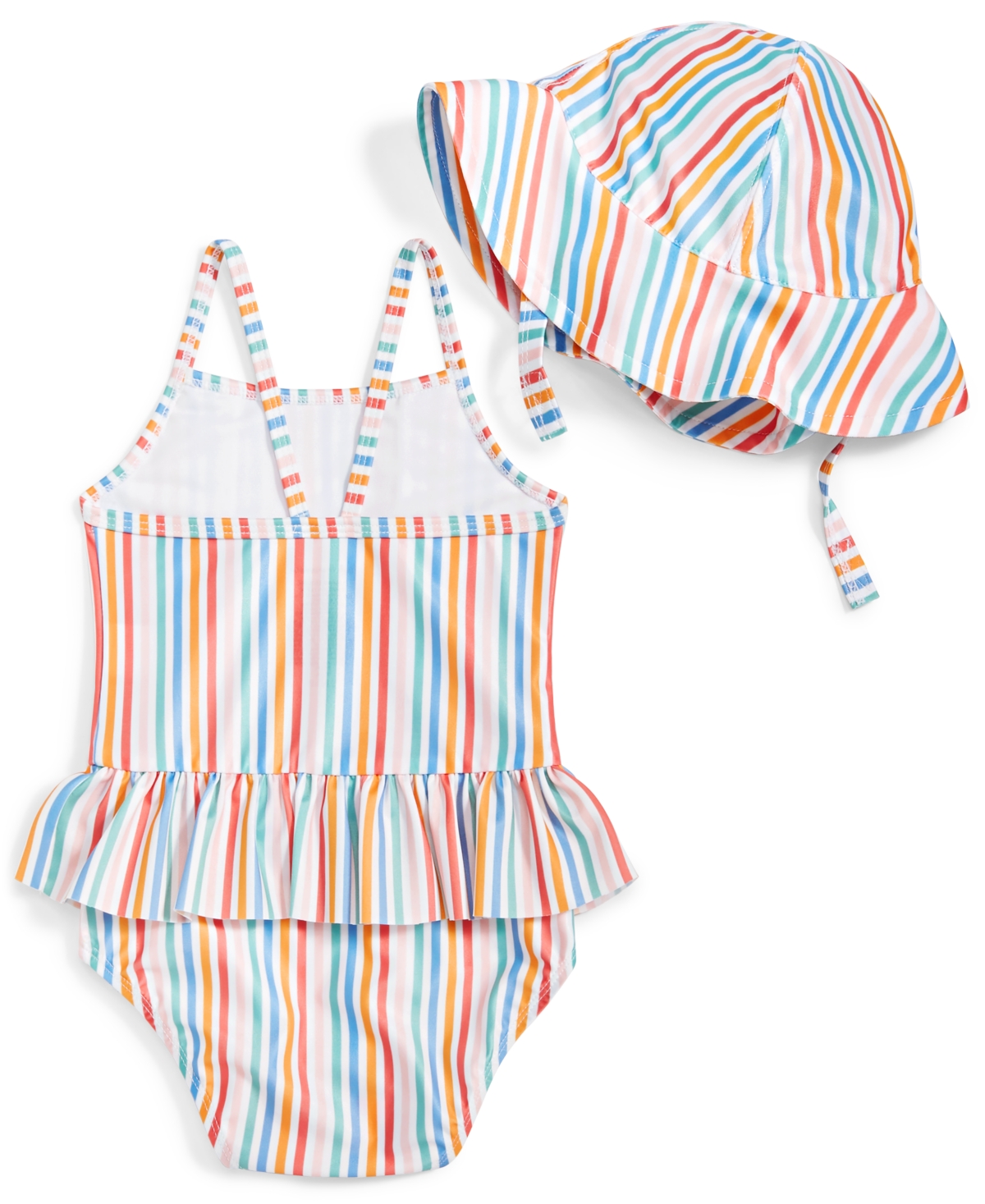 Shop First Impressions Baby Girls Striped One Piece Swimsuit And Hat, 2 Piece Set, Upf 50, Created For Macy's In Bright White