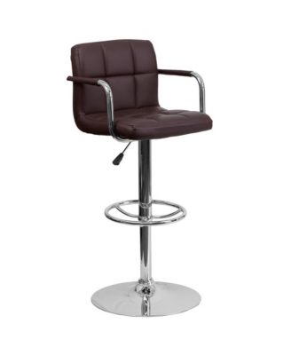 Contemporary Quilted Vinyl Adjustable Height Barstool With Arms