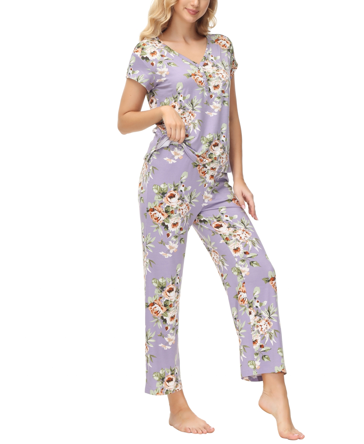 Echo Women's 2 Piece Printed Short Sleeve Henley Top with Wide Pants Pajama Set