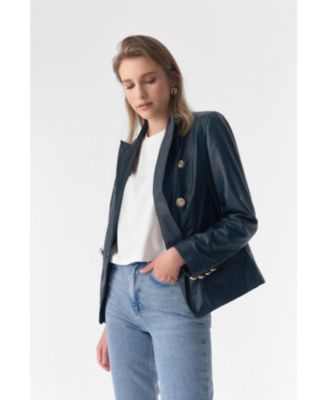Women's Genuine Leather Blazer Jacket, Navy
