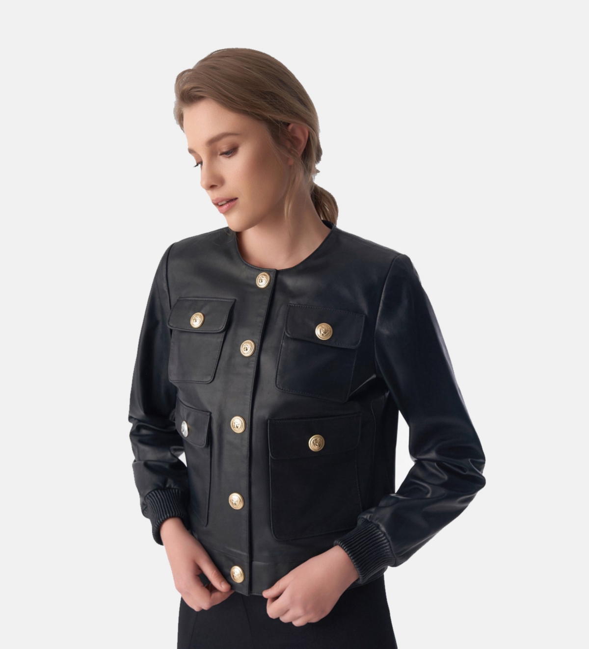 Furniq Uk Women's Collarless Stunning Studs Closure Leather Jacket,- Black