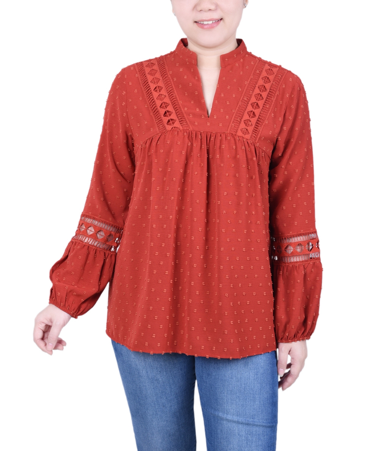 Ny Collection Petite Long Sleeve Blouse With Crochet Trim In Red Orchre