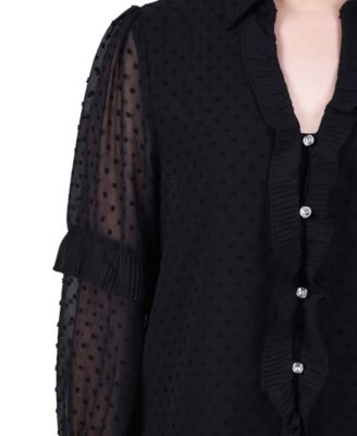Petite Long Sleeve Dotted Chiffon Blouse