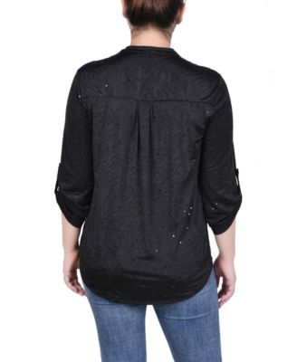 Petite 3/4 Sleeve Roll Tab Y Neck Top