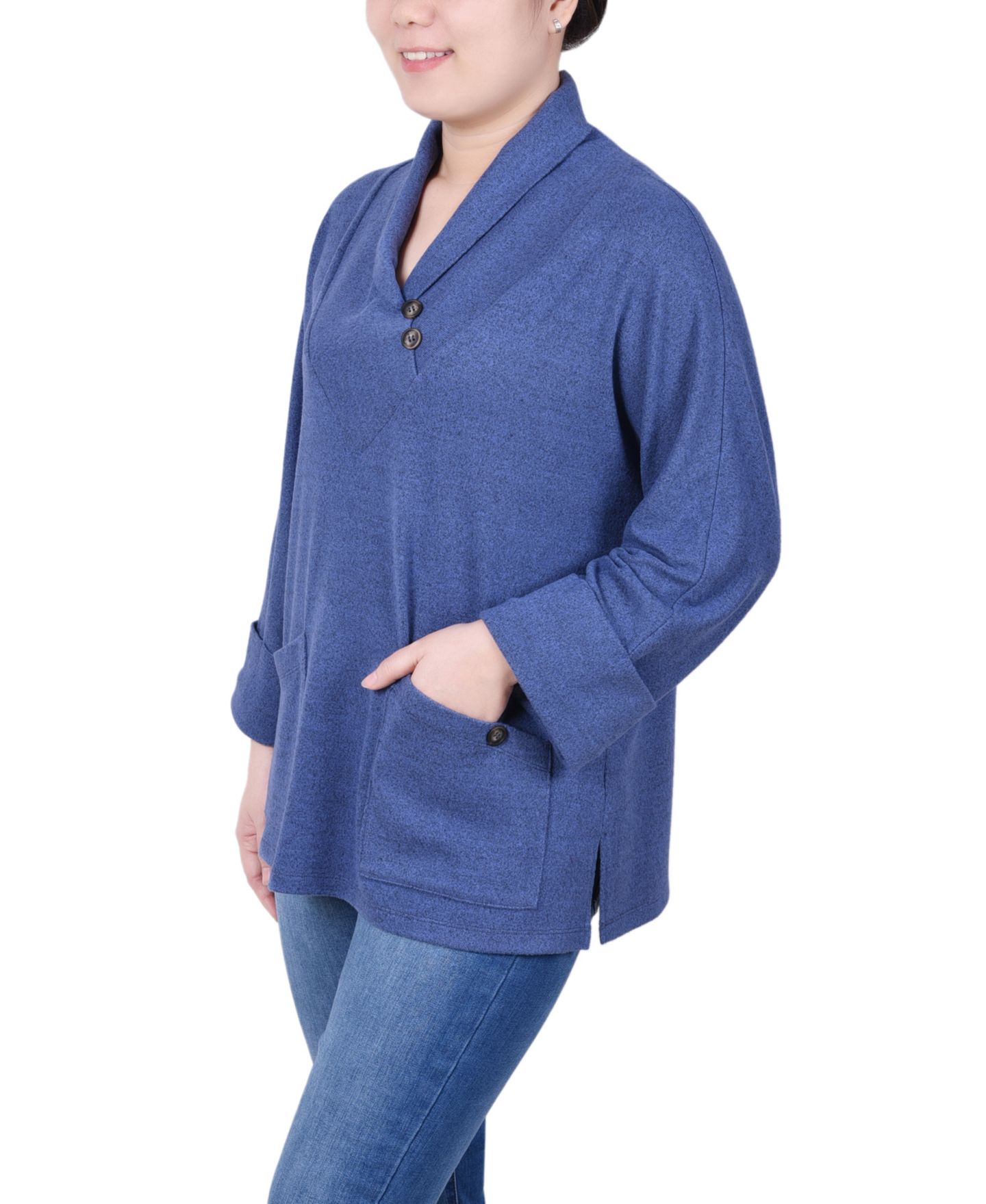 Женский топ NY Collection Petite Cuff Sleeve Shawl Collar, цвет: Синий — фото 3