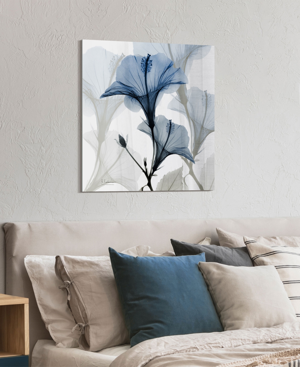 Empire Art Direct "blue X-ray Floral" Frameless Free Floating Tempered Glass Panel Graphic Wall Art, 24" X 24" X 0.2" In Blue,gray
