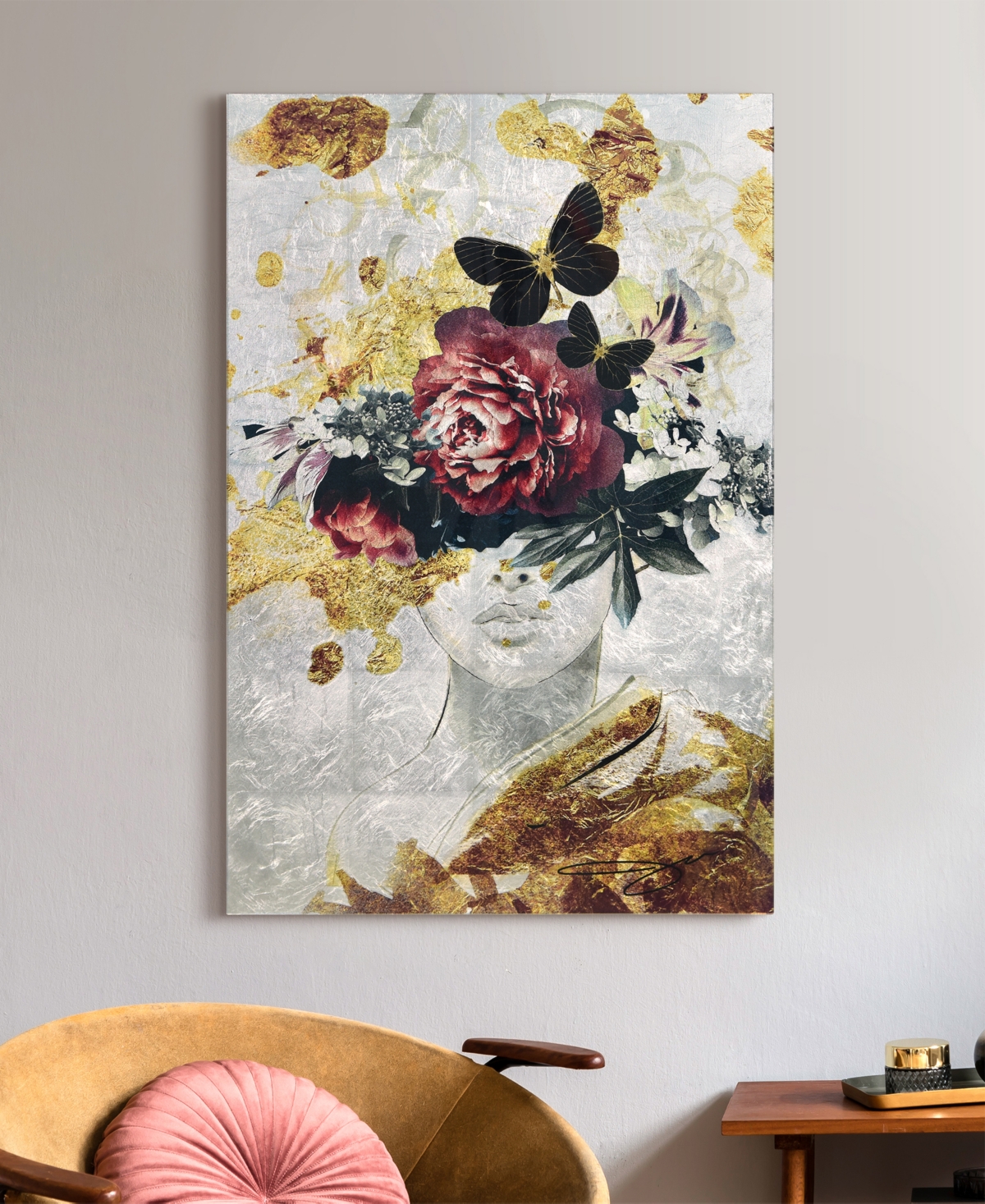 Empire Art Direct "gold-tone Elegance" Reverse Printed Tempered Glass With Silver-tone Leaf, 36" X 24" X 0.2" In Sliver,black,gold,red