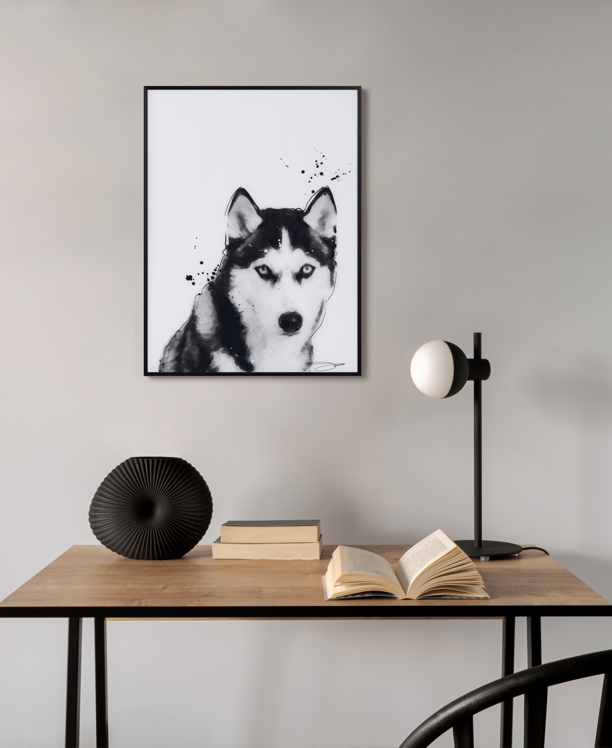 Shop Empire Art Direct "siberian Husky" Pet Paintings On Printed Glass Encased With A Black Anodized Frame, 24" X 18" X 1" In Black And White