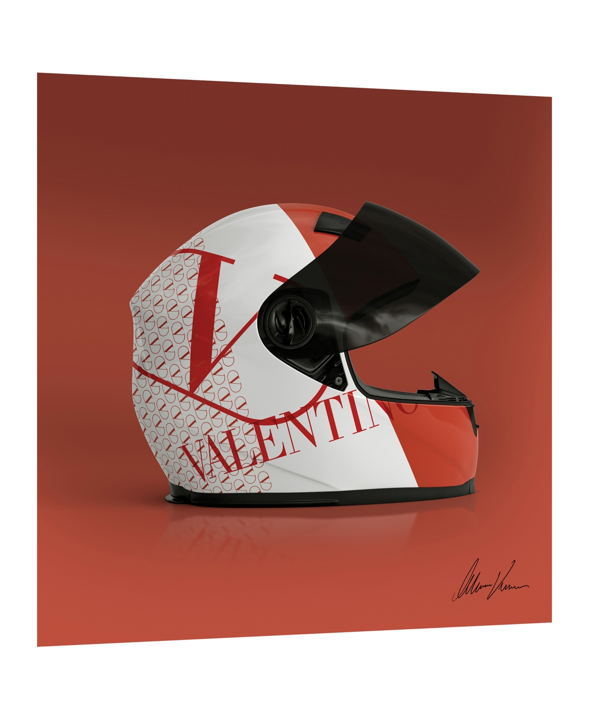 Shop Empire Art Direct "valentino Speeding Helmet" Frameless Free Floating Tempered Glass Panel Graphic Wall Art, 24" X 24" In Red,white