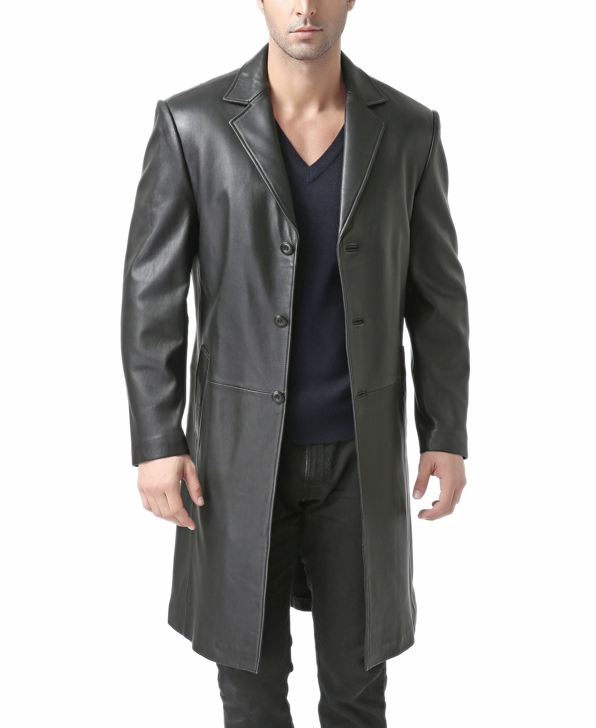 Men Classic Leather Long Walking Coat - Black