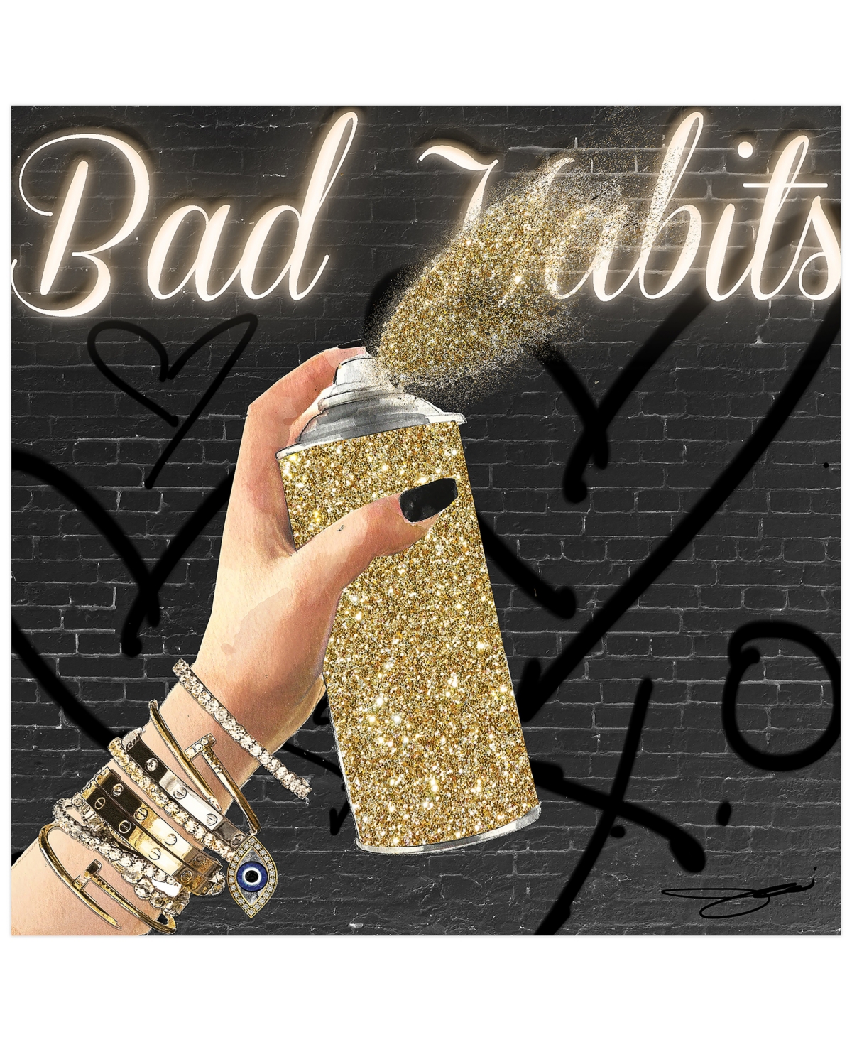 Empire Art Direct "bad Habits" Frameless Free Floating Tempered Glass Panel Graphic Wall Art, 24" X 24" X 0.2" In Gray,gold