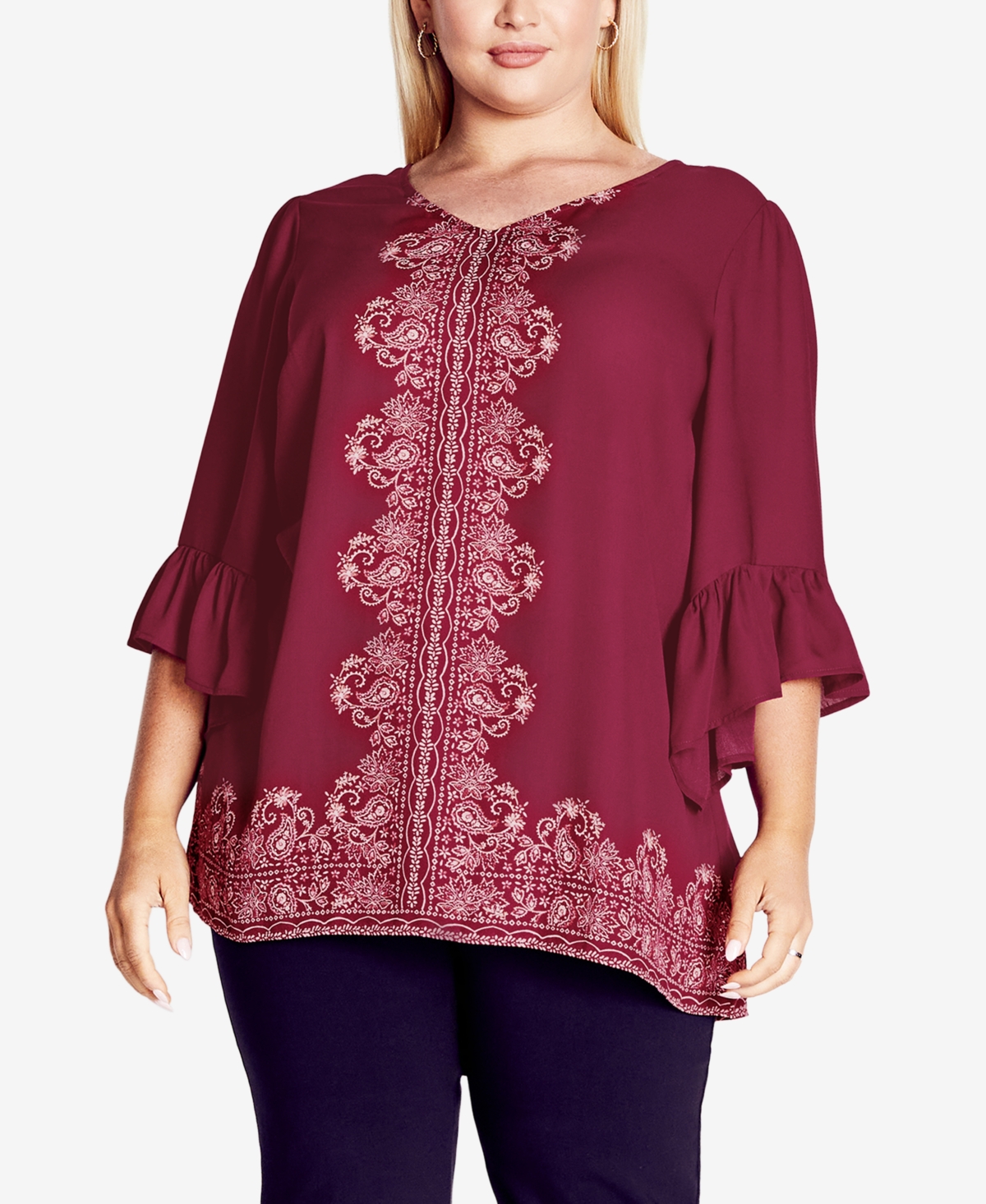 Avenue Plus Size Strike A Pose 3/4 Sleeve Tunic Top In Red
