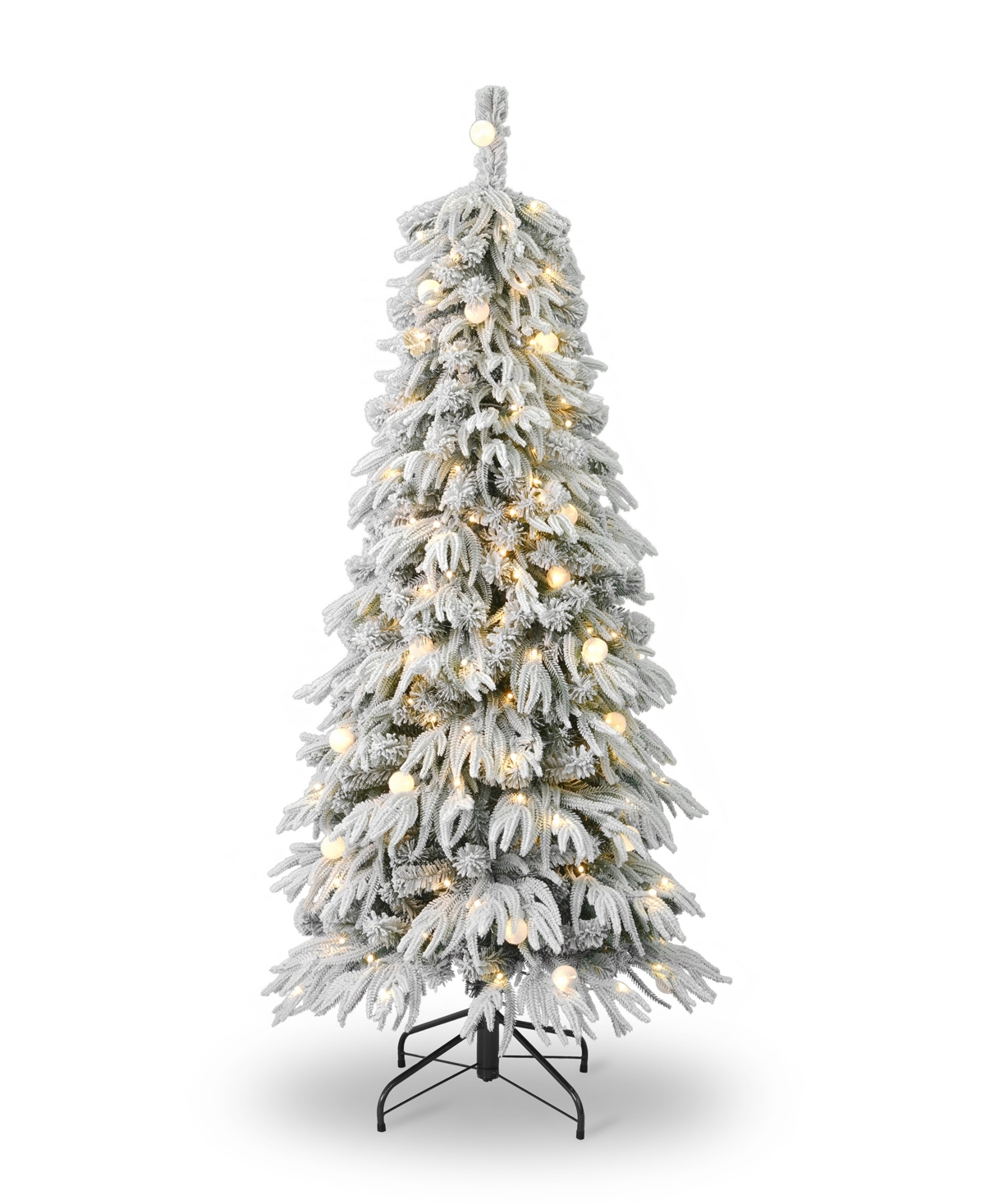 Seasonal Frosted Acadia 6' Pre-lit Flocked Pe Mixed Pvc Slim Tree With Metal Standing, 1865 Tips, 200 Changin In White