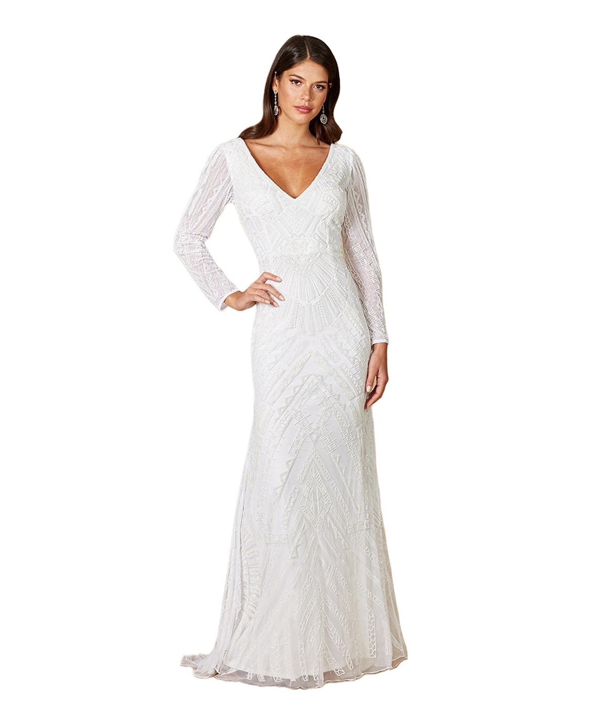 Women's White Gretchen V-Neck Long Sleeve Wedding Dress - Ivory