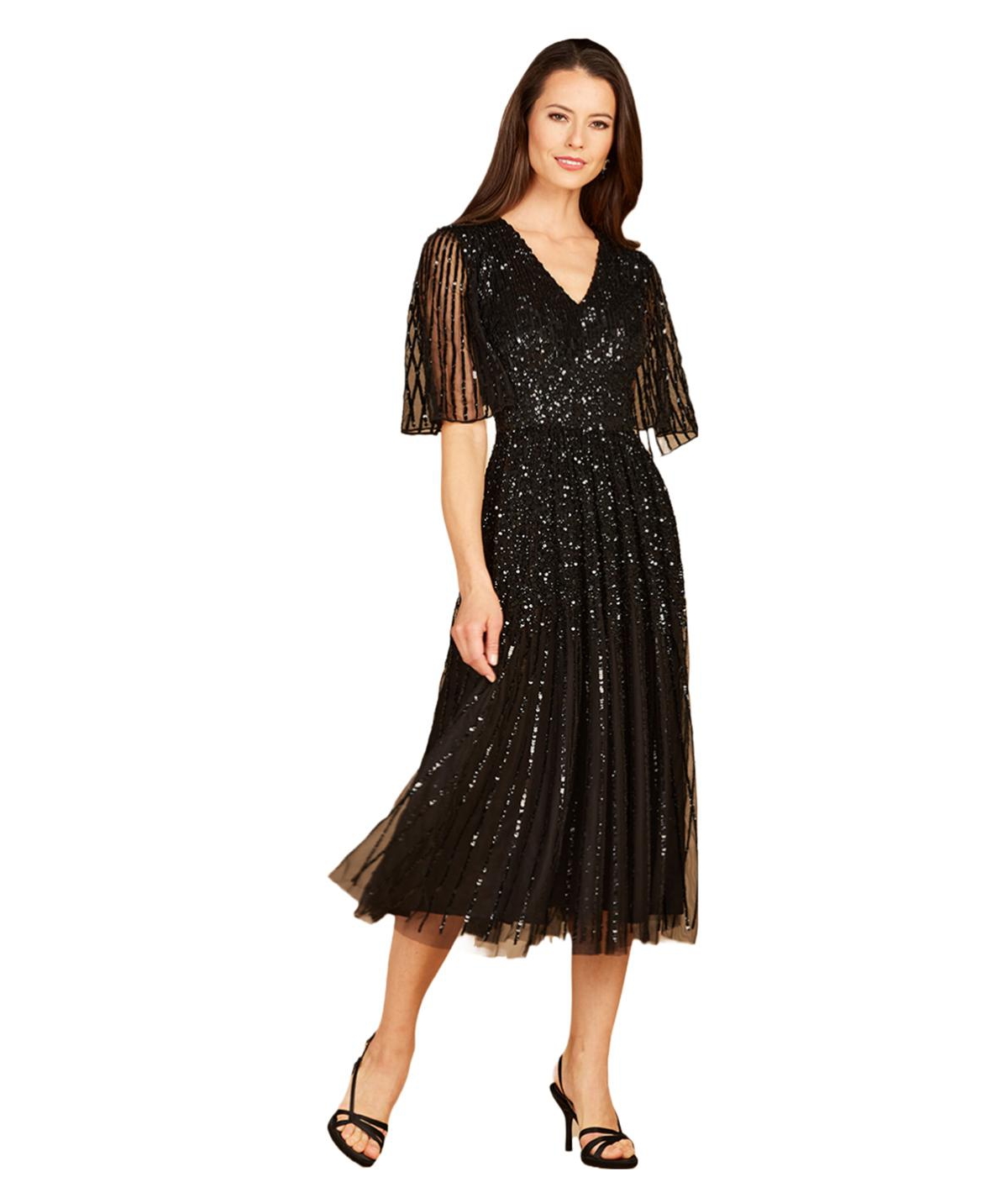 1920s Style Dresses, 1920s Dress Fashions You Will Love Womens Flowing Sequin Midi Dress with Short Sleeves - Black $458.00 AT vintagedancer.com