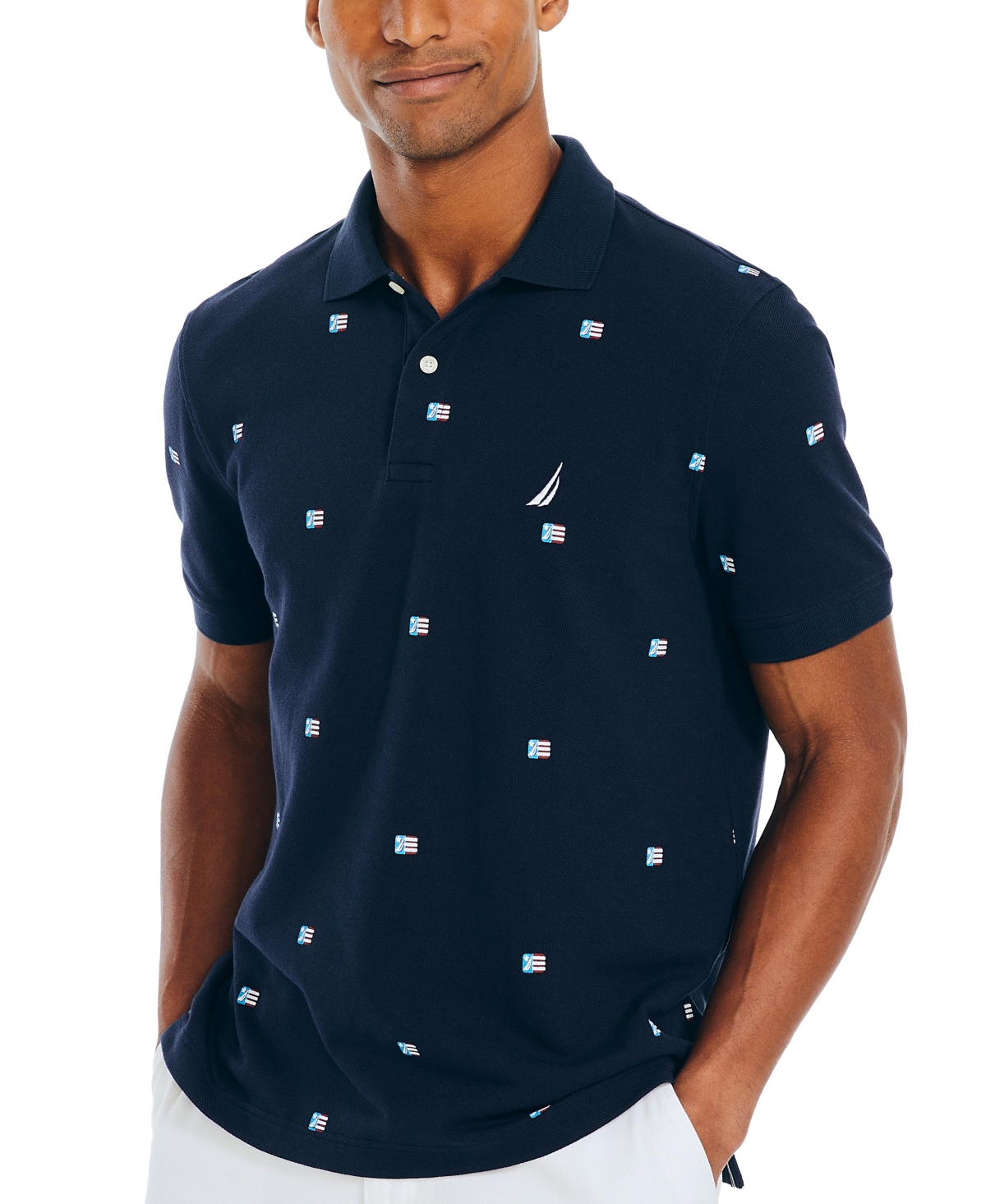 Nautica Men's Classic-fit Icon-print Performance Deck Polo Shirt In Navy Seas