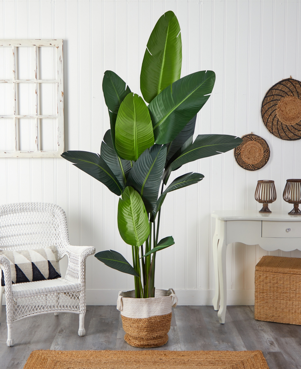NEARLY NATURAL 84" ARTIFICIAL TRAVELERS PALM TREE WITH HANDMADE JUTE COTTON BASKET 
