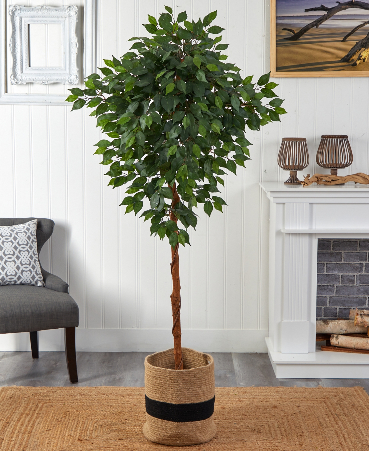 Nearly Natural 72" Artificial Ficus Tree With Handmade Jute Cotton Basket In Green
