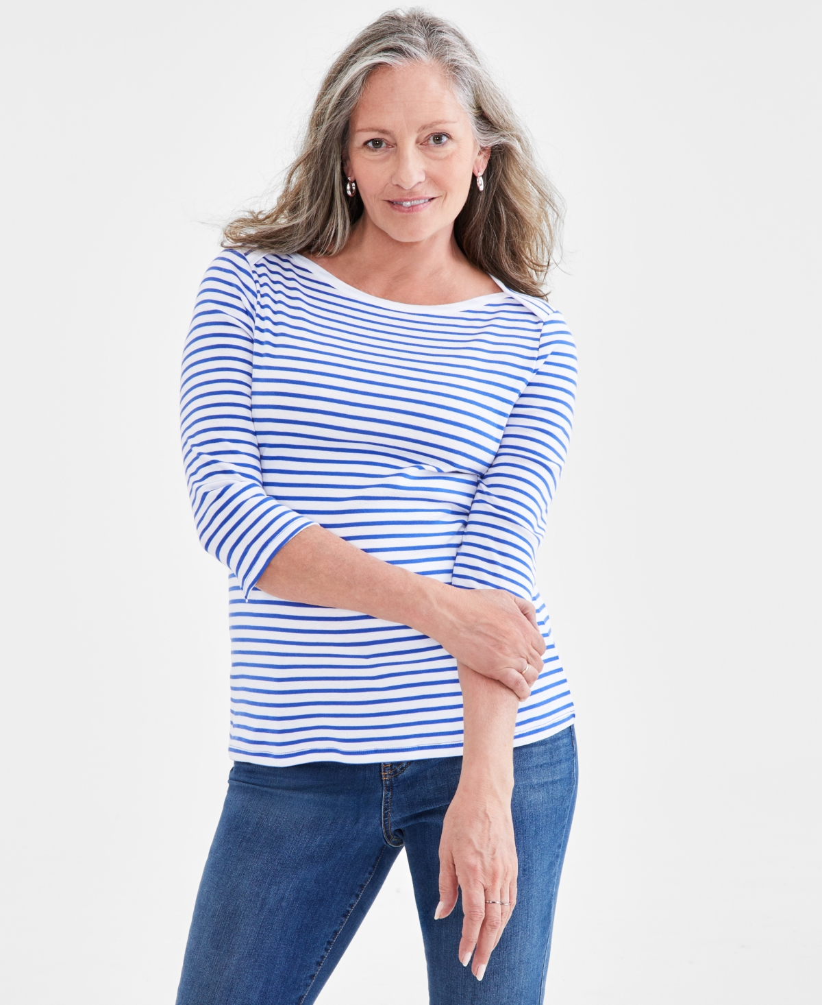 Women's Pima Cotton Striped 3/4-Sleeve Top, Created for Macy's - Blue White Stripe