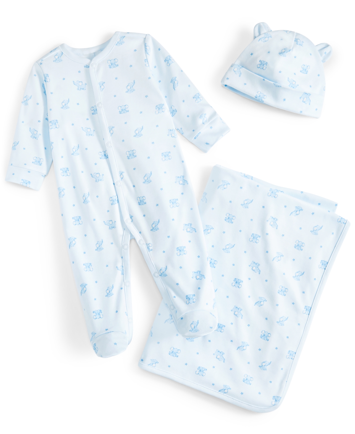 First Impressions Baby Boys Or Baby Girls Coverall, Hat And Blanket, 3 Piece Gift Box Set, Created For Macy's In Blue Elephants
