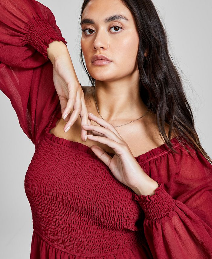 Smocked Balloon Sleeve Off-Shoulder Mini Dress