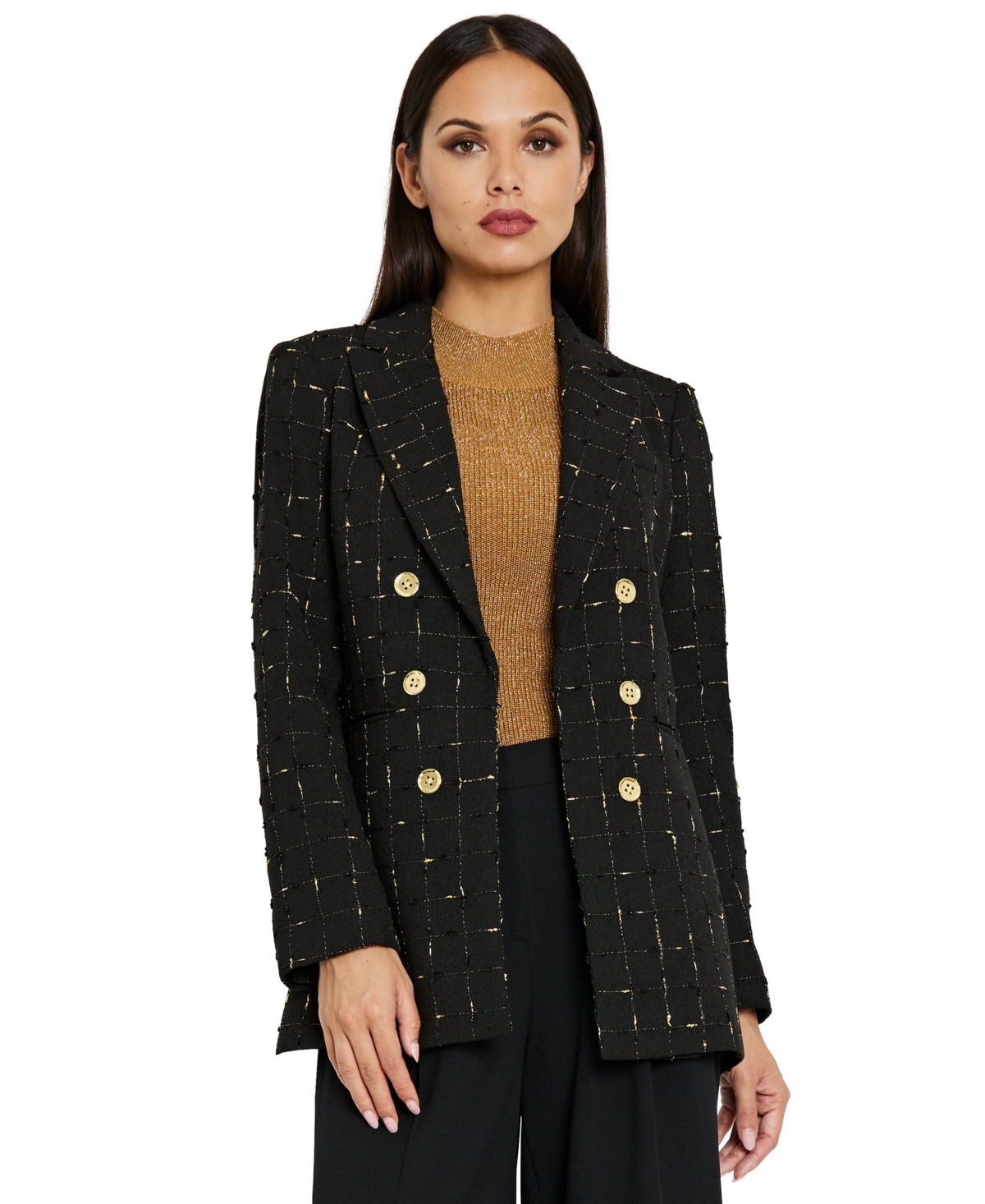 Women's Metallic Check Tweed Blazer - Black Gold