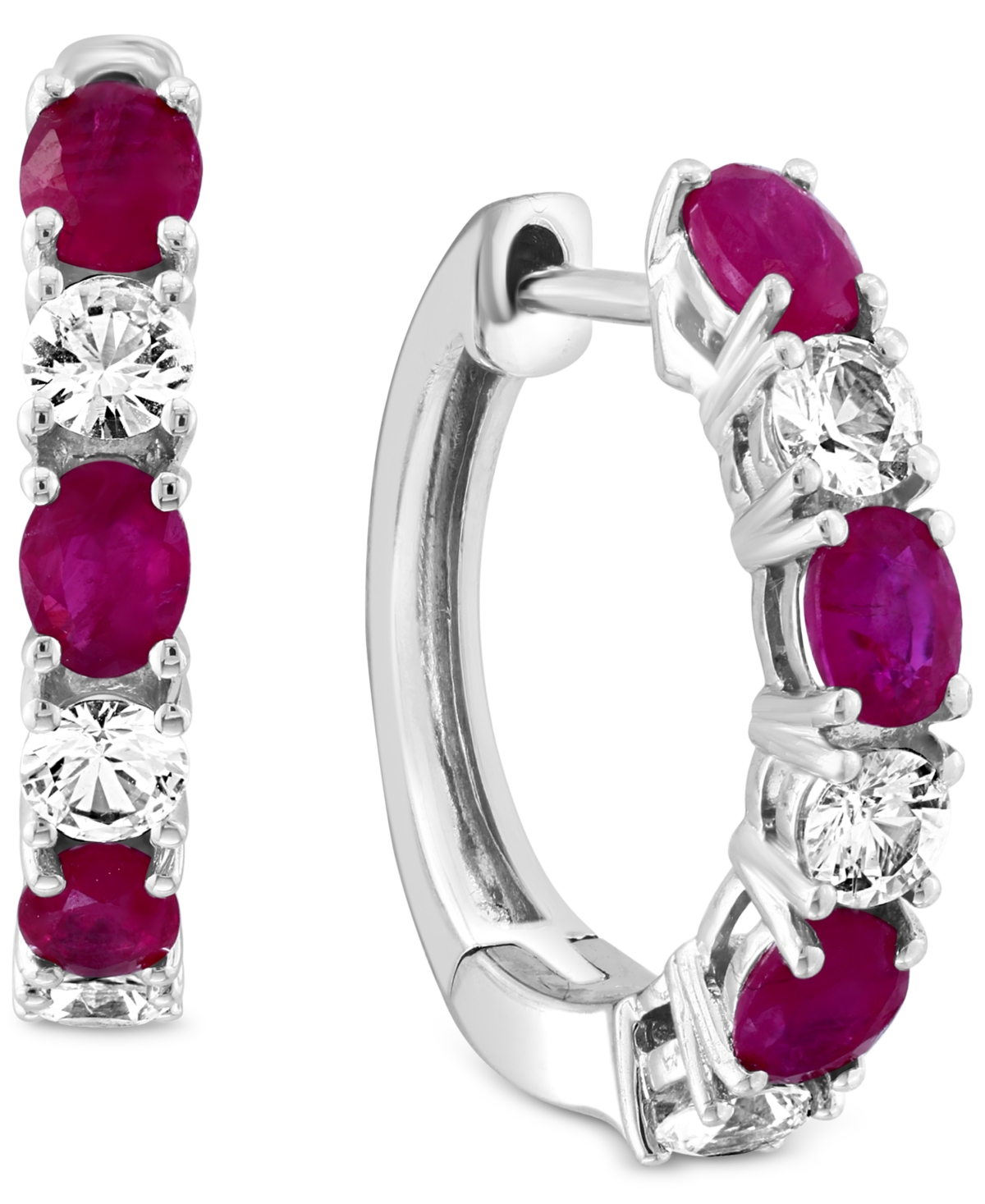 Effy Emerald (3/4 ct. t.w.) & White Sapphire (3/4 ct. t.w.) Small Hoop Earrings in 14k White Gold, 0.75" (Also available in Sapphire and Ruby) - Ruby