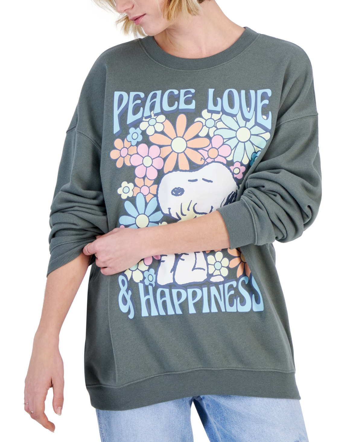 Grayson Threads, The Label Juniors' Snoopy Long-sleeve Graphic Sweatshirt In Green