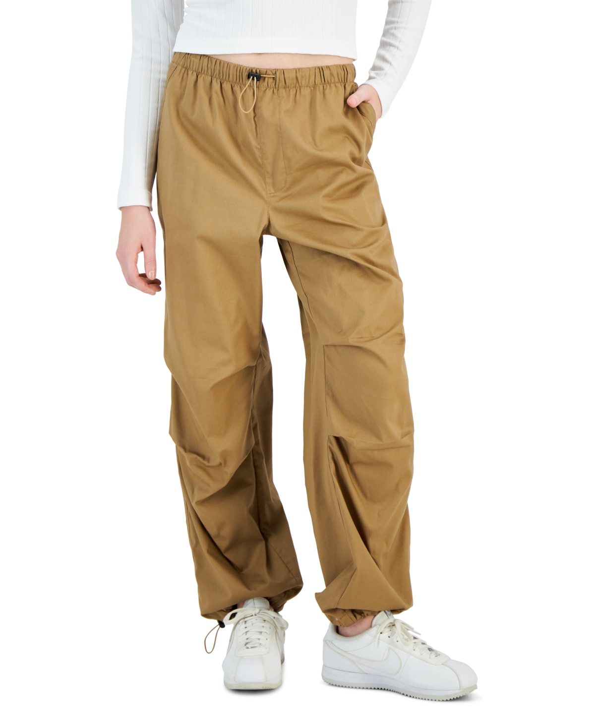 Love, Fire Juniors' Cotton Drawcord-waist Parachute Pants In Toasted Brown