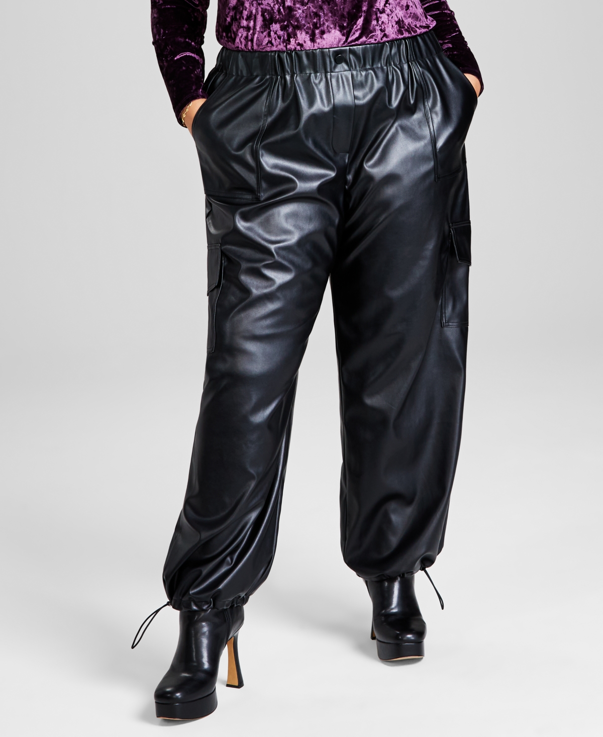 Trendy Plus Size Faux-Leather Wide-Leg Cargo Pants - Tan