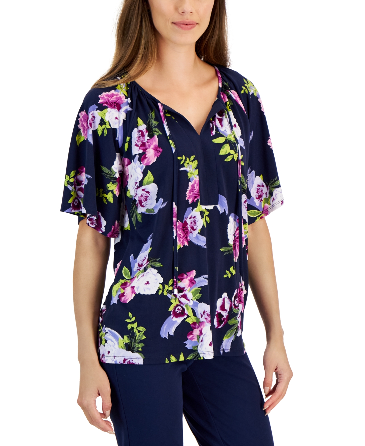 Jm Collection Women's Flourishing Floral Split-neck Top, Created For Macy's In Intrepid Blue Combo