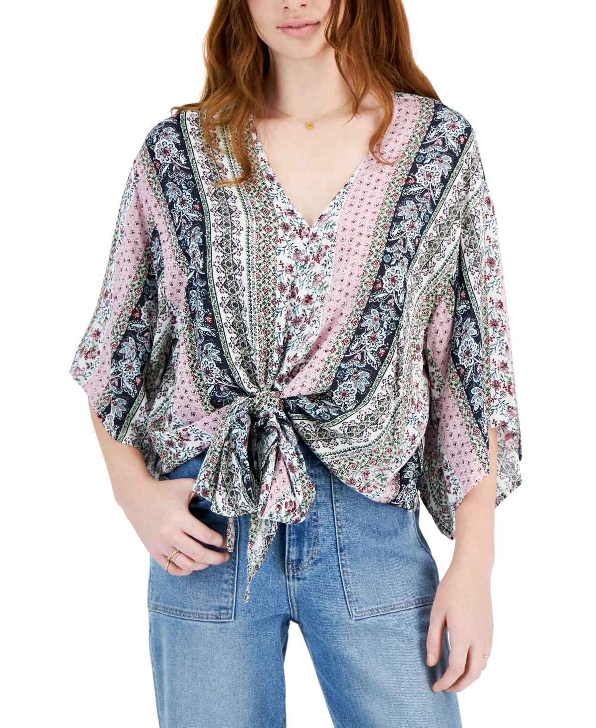 Just Polly Juniors' Printed Tie-front Top In Sage Boho