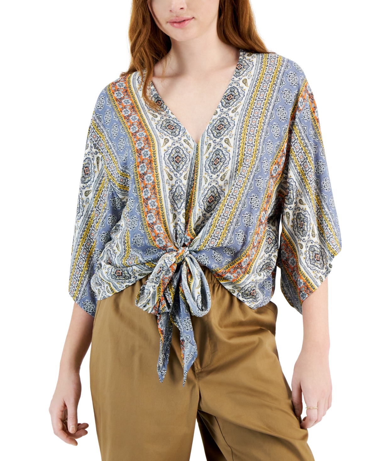 Just Polly Juniors' Printed Tie-front Top In New Blue Boho