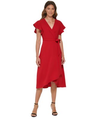 DKNY - Petite Faux-Wrap V-Neck Flutter-Sleeve Dress