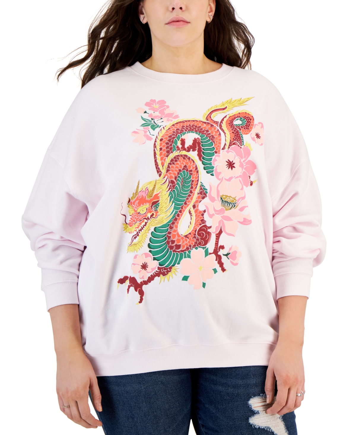 Trendy Plus Size Floral Dragon Sweatshirt - Pink