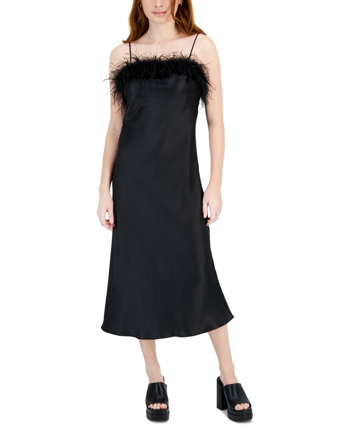 Women's Flora Sleeveless Feather-Trim Slip Dress - Black