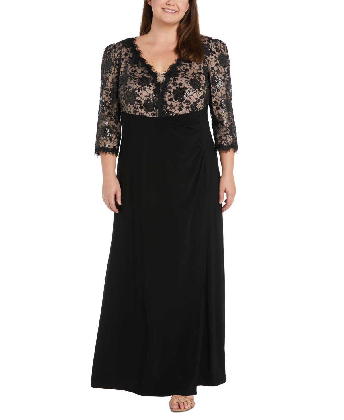 R & M Richards Plus Size Sequined Lace-bodice Gown In Black,nude