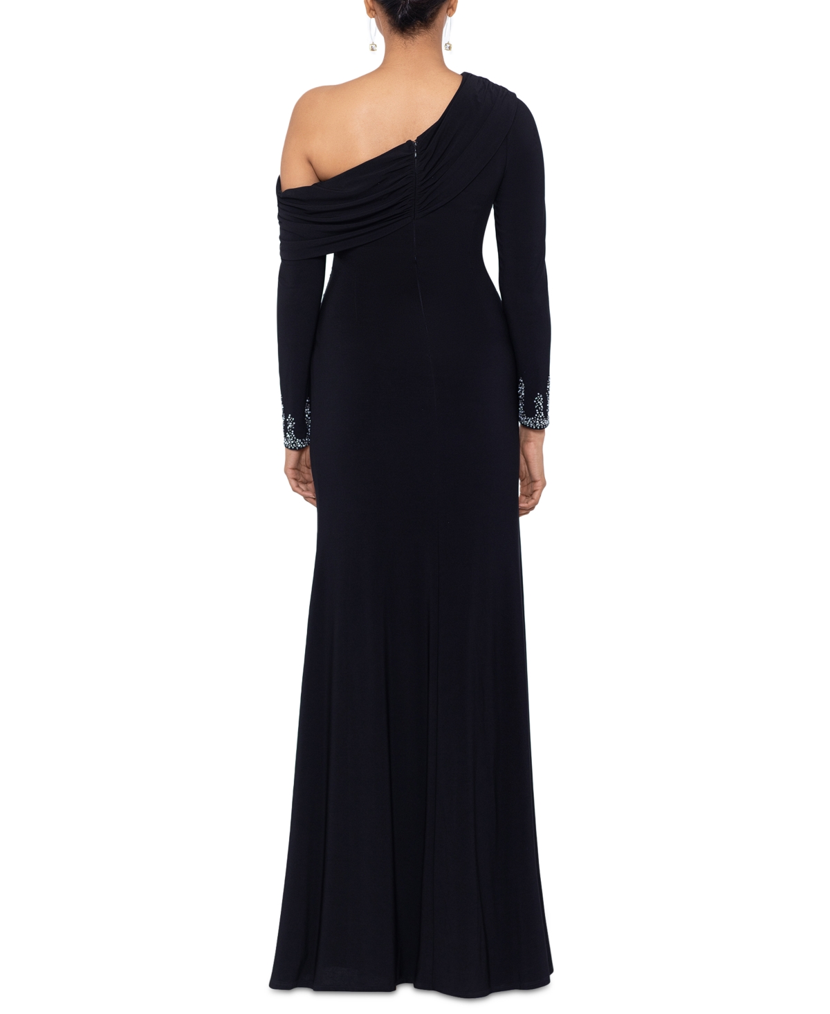 Betsy & Adam Women's Off-one-shoulder Beaded-cuff Gown In Navy,silver