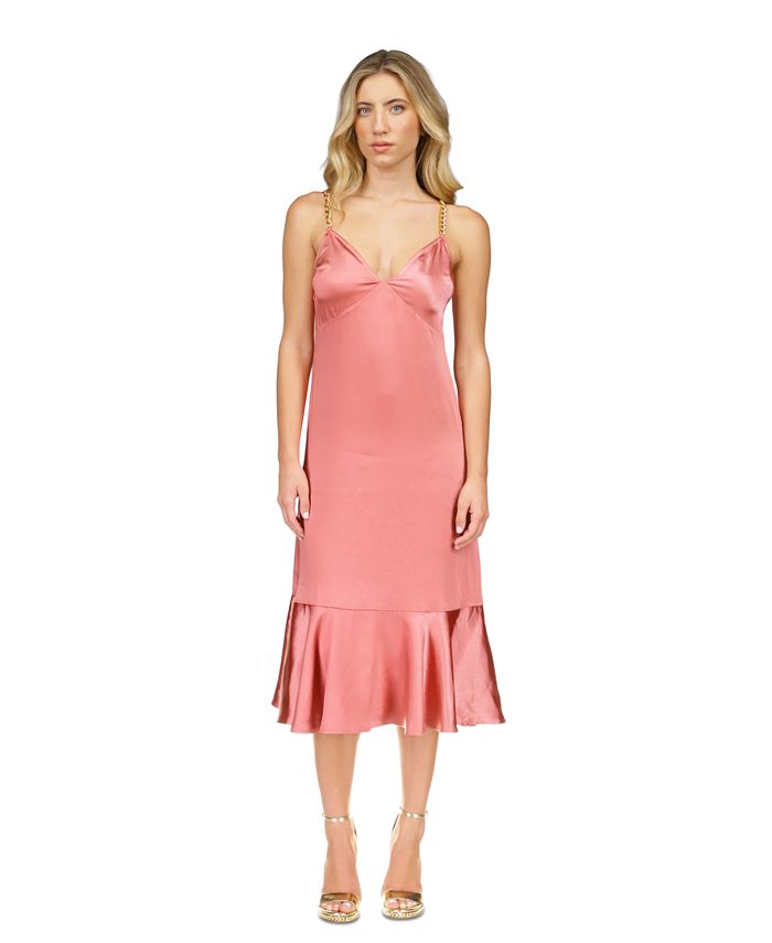 Coral Silk Satin Ruffle Slip Dress