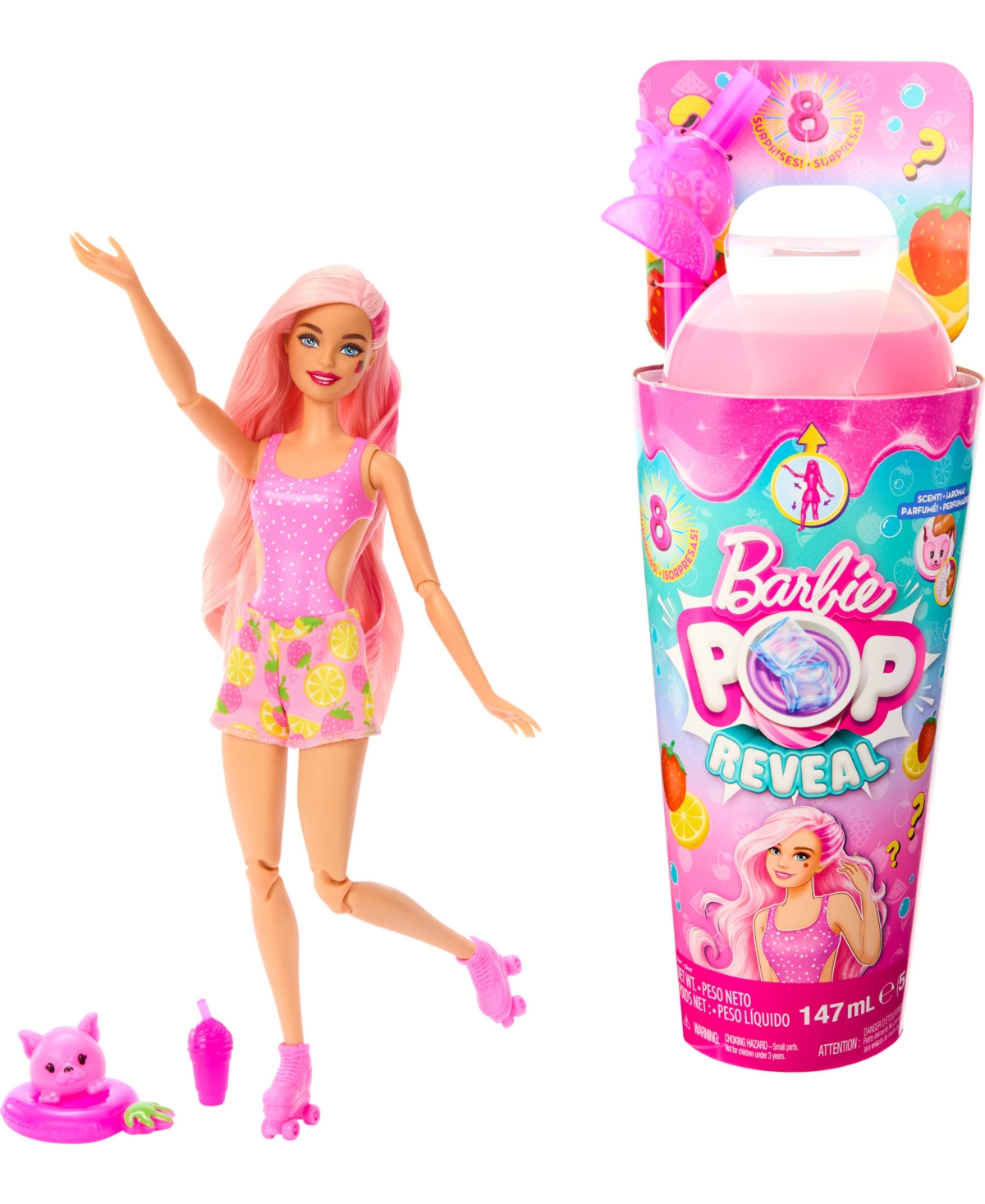 Barbie Kids' Pop Reveal Fruit Series Strawberry Lemonade Doll, 8 Surprises Include Pet, Slime, Scent & Color Chan In Multi-color