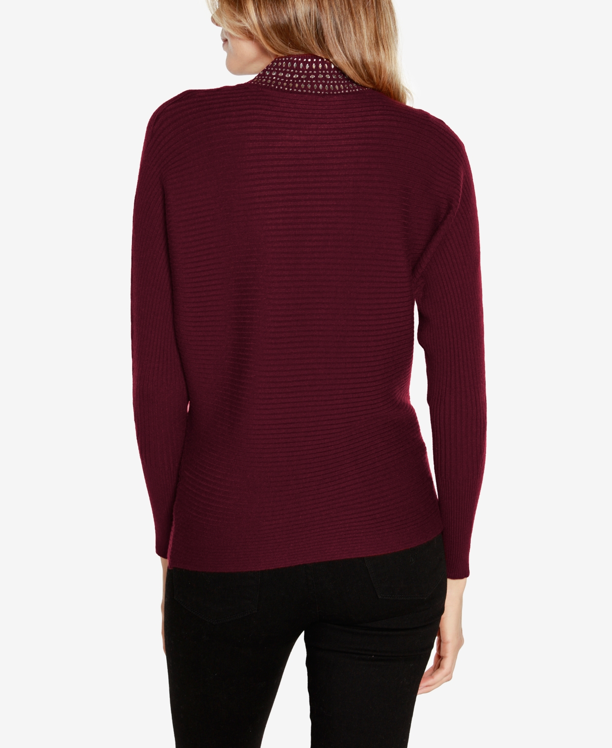 Belldini Women's Embellished Neck Ribbed Dolman Sweater