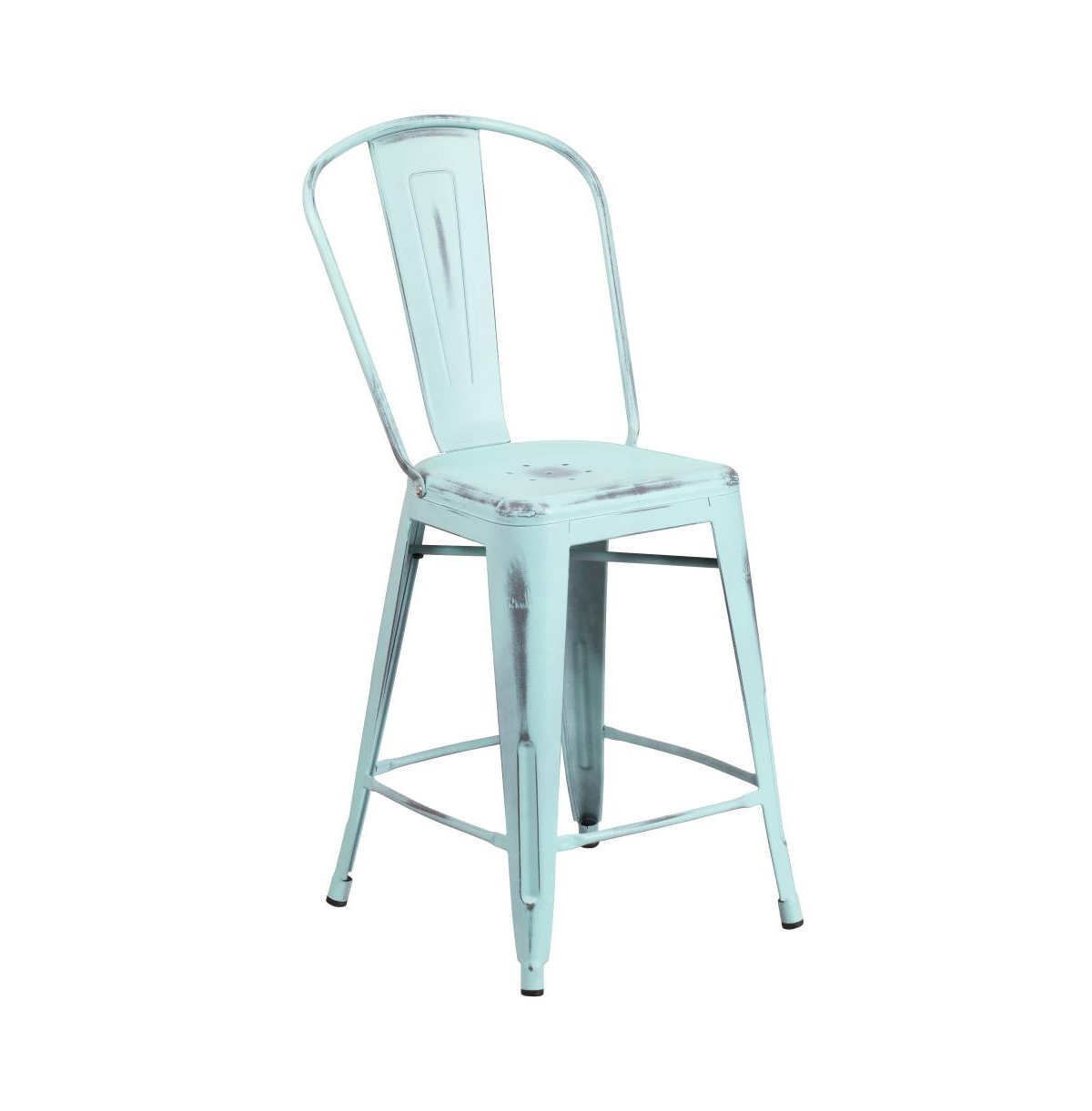 Sabine Metal Indoor-Outdoor Counter Stool With Vertical Slat Back And Integrated Footrest - Green-blue