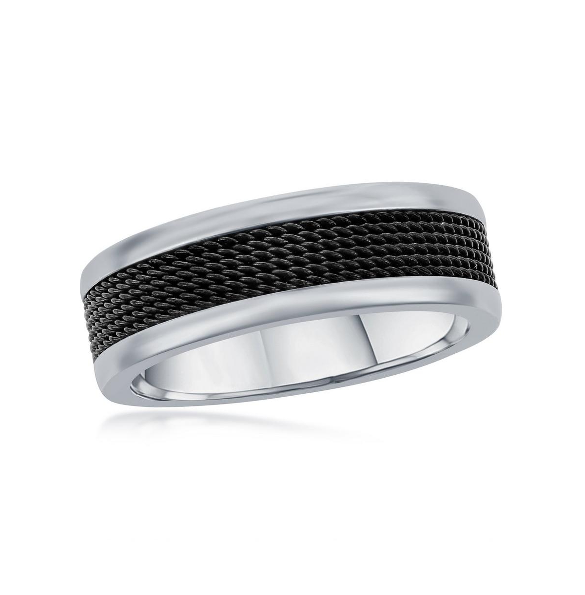 Stainless Steel Black Mesh Inlay Polished Band Ring - Silver  black