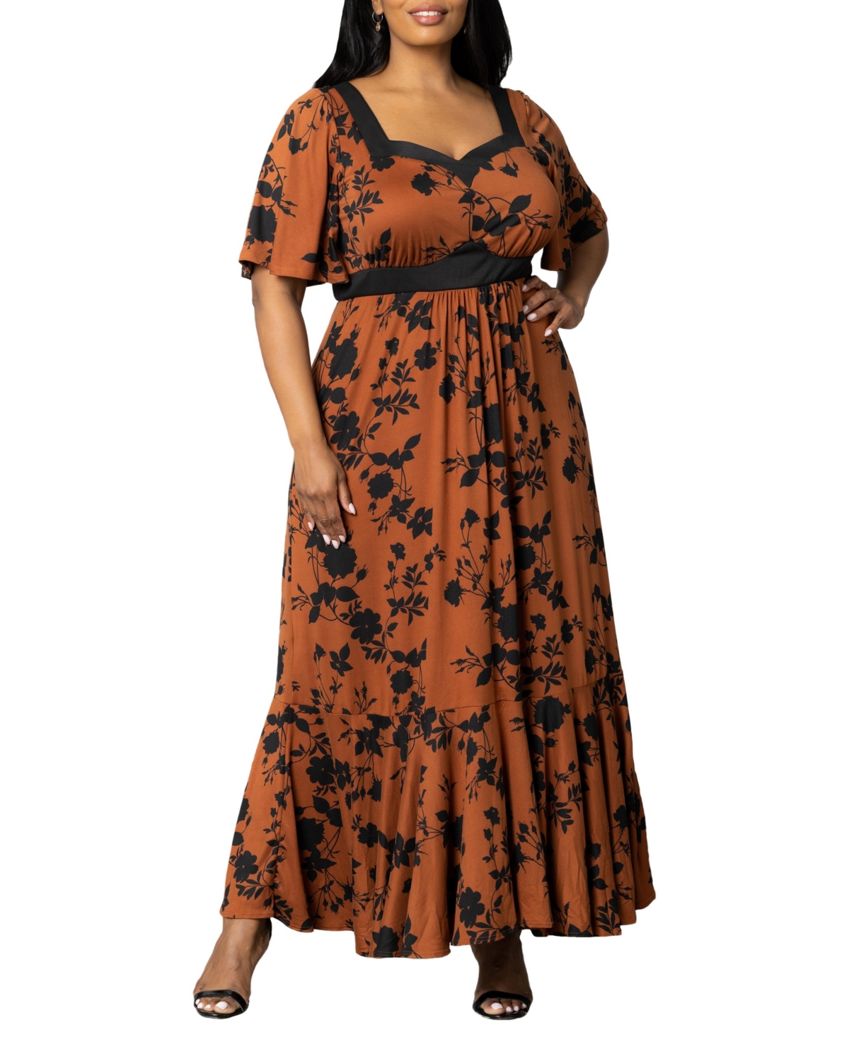 Plus Size Icon Maxi Dress with Sweetheart Neckline - Auburn floral impressions