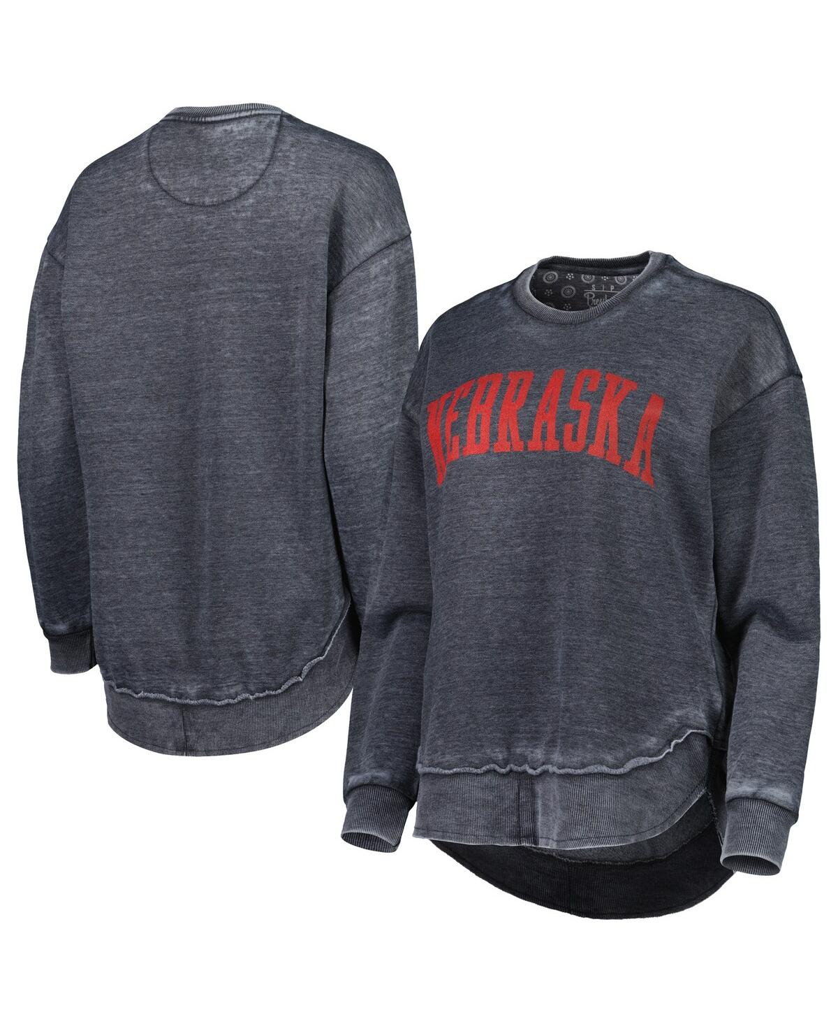 PRESSBOX WOMEN'S PRESSBOX BLACK DISTRESSED NEBRASKA HUSKERS VINTAGE-LIKE WASH PULLOVER SWEATSHIRT 
