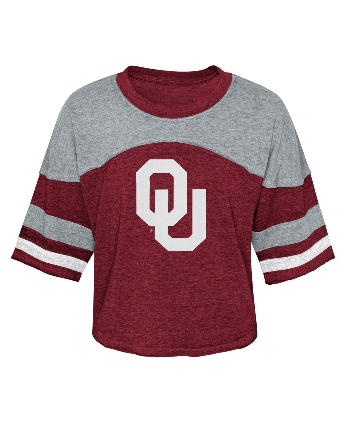 Shop Outerstuff Big Girls Crimson Distressed Oklahoma Sooners Sunday Friday Sleeve Stripe Jersey T-shirt