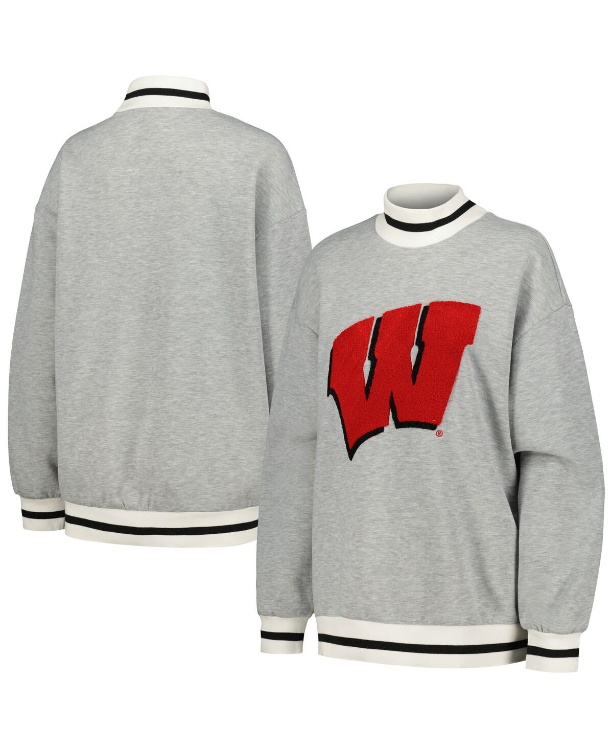 GAMEDAY COUTURE WOMEN'S GAMEDAY COUTURE ASH WISCONSIN BADGERS IN IT TO WIN IT SPORTY MOCK NECK PULLOVER SWEATSHIRT 